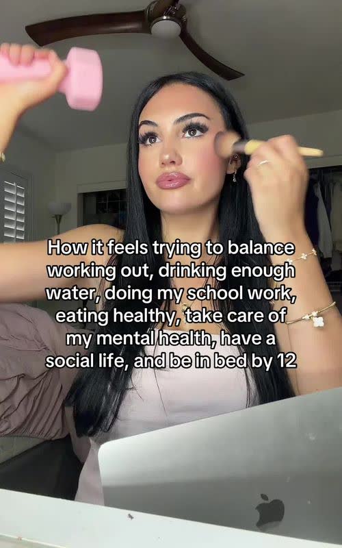 How it feels trying to balance working out, drinking enough water, doing my school work, eating healthy, take care of my mental health, have a social life, and be in bed by 12 - TikTok hook example