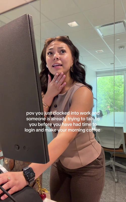 pov you just clocked into work and someone is already trying to talk to you before you have had time to login and make your morning coffee - TikTok hook example