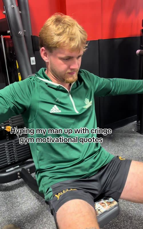 Hyping my man up with cringe gym motivational quotes - TikTok hook example