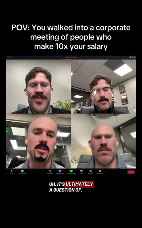 POV: You walked into a corporate meeting of people who make 10x your salary - TikTok hook example